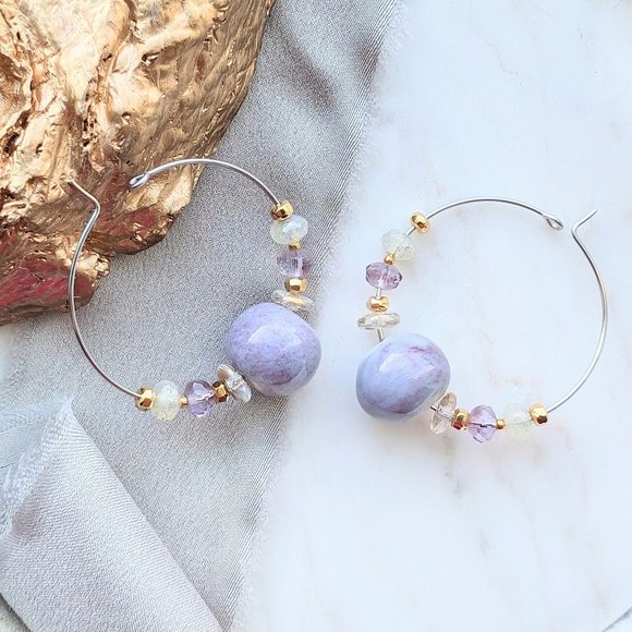 Light Purple Ceramic Beaded Mixed Metal Steel handmade Hoop Earrings - Picture 1 of 7